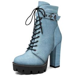 OISEGOP Damen Blockabsatz Hoher High Absatz Heel Runde Zehenkappe Plattform Stiefeletten Schnüren Reißverschluss Dress Denim Schuhe 12 CM Heels Hellblau 36 EU von OISEGOP