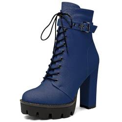 OISEGOP Damen Blockabsatz Hoher High Absatz Heel Runde Zehenkappe Plattform Stiefeletten Schnüren Reißverschluss Dress Denim Schuhe 12 CM Heels Marineblau 39 EU von OISEGOP