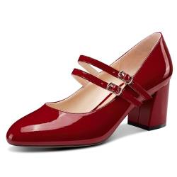 OISEGOP Damen Chunky Blockabsatz Mittlerem Absatz Heel Runde Zehenkappe Slip-on Mary Jane Pumps Knöchelriemen Schnalle Dress Schuhe 6.5 cm Heels Weinrot 39 EU von OISEGOP