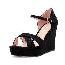 OISEGOP Damen Hoher High Keilabsatz Plateau Plattform Absatz Heel Peep Open Zehenkappe Sandalen Knöchelriemen Schnalle Party Schuhe Schwarz Wildleder 35 EU von OISEGOP