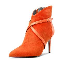 OISEGOP Damen Mittlerem Absatz Heel Spitze Zehenkappe Stiefeletten Kreuzriemen Reißverschluss Patchwork Lässig Dress Stiefel Orange 40 EU von OISEGOP