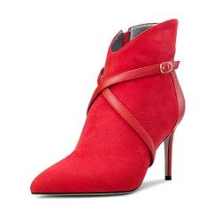 OISEGOP Damen Mittlerem Absatz Heel Spitze Zehenkappe Stiefeletten Kreuzriemen Reißverschluss Patchwork Lässig Dress Stiefel Rot 42 EU von OISEGOP