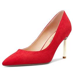 OISEGOP Damen Stiletto Hoher High Absatz Heel Spitze Zehenkappe Pumps Slip-on Hochzeit Dress Klassisch 8.5 cm Heels Rot Wildleder 38 EU von OISEGOP