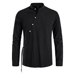 Leinenhemd Herren Vintage Chinesischer Stil Einfarbig Henley Hemd Schräg Verlaufende Knopfleiste Design Langarmhemd Mit Schnürung Frühling Sommer Stehkragen Hemd Herren C-Black XXL von OKAYOU