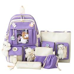 OKESYO Kawaii Rucksack mit Niedlich Anhänger Zubehör 5 Teiliges Set, Große Harajuku Segeltuch Schulranzen,Trendy Schultasche College Reise Dame Abzeichen Rucksack Schüler Büchertasche von OKESYO