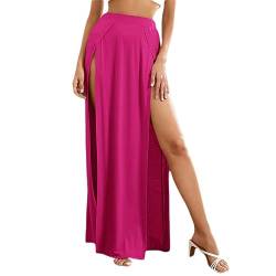 Lange Röcke für Damen mit hohem Schlitz, Sommer, lässig, seitlich geteilt, ausgestellter Strandrock, einfarbig, elastisch, A-Linien-Röcke mit hoher Taille, Neu-Rose Red-L von OKGD