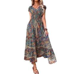 OKGD Frauen Vintage Print Maxi Kleider Sommer Casual V-Ausschnitt Kurzarm Elastische Taille Kleid Weibliche Boho Strand Große Schaukel Lange Kleider von OKGD