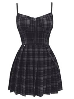 OKGD Gothic Mädchen Rot Plaid Plissee Emo Alt Kleid Y2K Reißverschluss Robe Femme Punk Schwarz Spaghettiträger Mini Kurz Jurken Goth Streetwear-Black Plaid,XL von OKGD