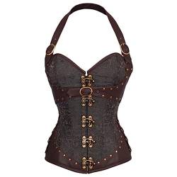 OKGD Gothic Steampunk Korsett Neckholder Sexy Korsett Top Leder Stahl Knochen Korsett Damen Korsett Plus Size Halloween Kostüm-Braun,S von OKGD