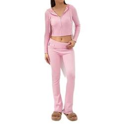 OKGD Retro Frühling Herbst Zweiteilige Strickhosen-Sets Damen Lässige Streetwear Loungewear Langarm-Reißverschluss-Hoodies + Lange Hosen-Sets-Rosa-L von OKGD