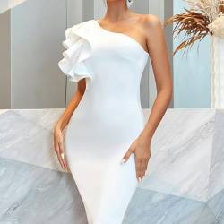 OKGD Rot Blau Weiß Figurbetontes Kleid Damen Sommer One Shoulder Rüschen Knielang Elegant Promi Abend Club Party Kleider-Weiß-L von OKGD