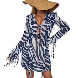 OKGD Sommer- Frauen-Strand-Kurzschluss-Krawatte-blaues Zebra-Druck-Minikleid-langes Hülsen-V-Ausschnitt-geflecktes Band-ausgehöhltes Kleid-Blau, L von OKGD