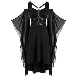 Sexy Belt Cross Lace Up Patchwork Black Gothic Long Dress Plus Size Women Clothing 5XL Vintage Mesh Flare Sleeve Goth Punk Dress-A,XXL von OKGD