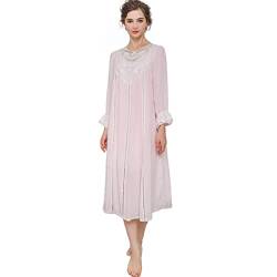 OKSakady Damen Lange Ärmel Baumwolle Nachthemd Midi Länge Spitze Prinzessin Nachtkleid Schlafanzug Kleid (Rosa 1, L) von OKSakady