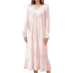 OKSakady Damen Lange Ärmel Baumwolle Nachthemd Midi Länge Spitze Prinzessin Nachtkleid Schlafanzug Kleid von OKSakady