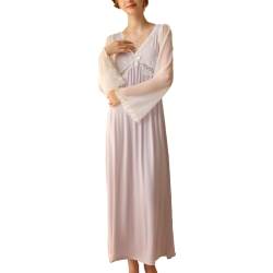 OKSakady Damen V-Ausschnitt Spitze Rand Modal Nachthemd Mesh Lange Ärmel Pyjama von OKSakady
