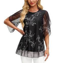 OKSakady Frauen Sommer Bluse Plissee Chiffon Lose und Fließende Modal Gefüttert Doppelschichtige Top Elegante und Casual Shirt mit Blumen von OKSakady