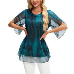 OKSakady Frauen Sommer Bluse Plissee Chiffon Lose und Fließende Modal Gefüttert Doppelschichtige Top Elegante und Casual Shirt mit Blumen von OKSakady