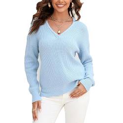 OKSakady Womens Gewebter V-Ausschnitt Pullover Strick Langarm Tops für Damen Einfarbiger Freizeitpullover von OKSakady