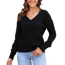 OKSakady Womens Gewebter V-Ausschnitt Pullover Strick Langarm Tops für Damen Einfarbiger Freizeitpullover von OKSakady