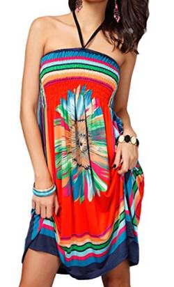 OKWIN Sommer Aztec Bandeau Bunt Kleid Damen Schulterfrei Blumen Boho Paisley Print Strandkleid Neckholder Minikleid Casual Partykleid Sommerkleider M-2XL von OKWIN