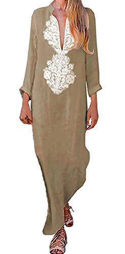 OKWIN Vintage Damen V-Ausschnitt Langarm Ethnic Print Maxi Dress Langes Kleid Mode Damen Leinen Maxikleid Split Hem Baggy Kaftan Maxikleider von OKWIN