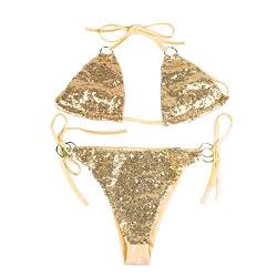 Damen Sparkle Badeanzug 2 Stück Glänzend Pailletten Sexy Beachwear Neckholder Triangle Glitzer Bikini Set - Gold - Medium von OKYUK