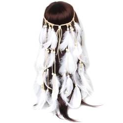 Boho-Ethno-Stirnband mit Kunstfedern, Perlenakzente, lang, indischer Kopfschmuck, Haarschmuck von OLACD