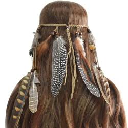 Boho-Kopfschmuck mit Holzperlen, Retro, handgefertigt: indisches Kunstfeder-Stirnband von OLACD