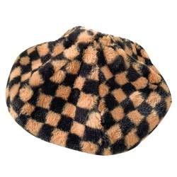 Plaid Barett Cap - Weiche Vintage Winter Beanie Mütze mit Kunstfell Klassisch, Einheitsgröße, Kunstfell von OLACD
