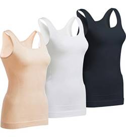 OLCHEE Women's 3PACK Tummy Control Shapewear Tank Tops - Seamless Wide Shoulder Strap Slimming Body Shaper, Black White Beige, Size M von OLCHEE