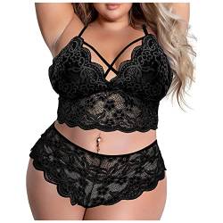 Plus Size Dessous Plus Floral Spitze Dessous Set Durchsichtig Deep V Spitze BH und Höschen Set Sexy Nachtwäsche Clubwear Damen Dessous Sets, Schwarz , 50 von OLDM