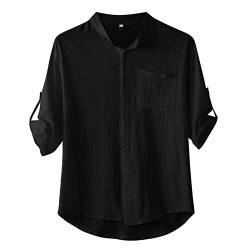 Plus Size Herren Hemd Sommer Umlegekragen Casual Solid Roll Up Halbarm Baumwolle Leinen Hemd Button Up Hemd mit Tasche Business Streetwear, Schwarz , XL von OLDM