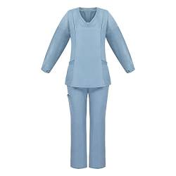 OLDT Damen Pflege Uniformen Anzug Set Krankenhaus Peelings Langarm V-Ausschnitt Scrubs Top SchöNheit Spa Klinischen Pflege Uniform Anzug Damen Arbeitskleidung Uniformen Mit Taschen (Light Blue, M) von OLDT