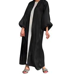 Damen Seide Muslim Kleider Abaya Open Front Cardigan Maxikleid Dubai Islamisches Kleid Nahen Osten Arabisch Robe Eid Gebet Kleid, Schwarz, Klein von OLEMEK