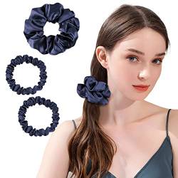 OLESILK 3er-Set 100% Seide Haargummis Kleine Scrunchies Haarschmuck Zopfgummi Haare Ringe Elastische Haarbänder Gummibänder, Marineblau von OLESILK