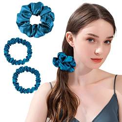 OLESILK 3er-Set 100% Seide Haargummis Kleine Scrunchies Haarschmuck Zopfgummi Haare Ringe Elastische Haarbänder Gummibänder, Pfaublau von OLESILK