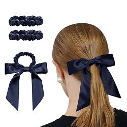 OLESILK 3er-Set 100% Seide Haargummis Kleine Scrunchies Haarschmuck Zopfgummi Haare Ringe Elastische Haarbänder Gummibänder mit Schleife, Marineblau von OLESILK