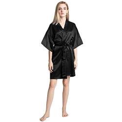 OLESILK Damen Kurz Morgenmantel Satin Kimono Kurzarm Robe Bademantel mit Gürtel V-Ausschnitt Nachtwäsche Negligee, Schwarz von OLESILK