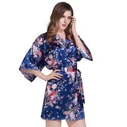 OLESILK Damen Kurz Morgenmantel Satin Kimono Morgenrock Kurzarm Robe Bademantel mit Gürtel V-Ausschnitt Nachtwäsche Negligee mit Kirschblüte Muster, Marineblau von OLESILK