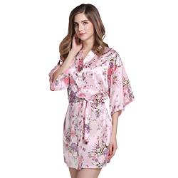 OLESILK Damen Kurz Morgenmantel Satin Kimono Morgenrock Kurzarm Robe Bademantel mit Gürtel V-Ausschnitt Nachtwäsche Negligee mit Kirschblüte Muster, Rosa von OLESILK