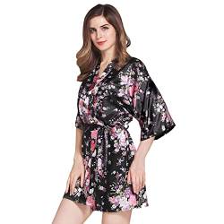 OLESILK Damen Kurz Morgenmantel Satin Kimono Morgenrock Kurzarm Robe Bademantel mit Gürtel V-Ausschnitt Nachtwäsche Negligee mit Kirschblüte Muster, Schwarz von OLESILK