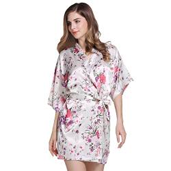 OLESILK Damen Kurz Morgenmantel Satin Kimono Morgenrock Kurzarm Robe Bademantel mit Gürtel V-Ausschnitt Nachtwäsche Negligee mit Kirschblüte Muster, Weiß von OLESILK