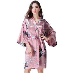 OLESILK Damen Kurz Morgenmantel Satin Kimono Morgenrock Kurzarm Robe Bademantel mit Gürtel V-Ausschnitt Nachtwäsche Negligee mit Pfau und Blumen Muster, Lotos von OLESILK