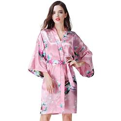 OLESILK Damen Kurz Morgenmantel Satin Kimono Morgenrock Kurzarm Robe Bademantel mit Gürtel V-Ausschnitt Nachtwäsche Negligee mit Pfau und Blumen Muster, Rosa von OLESILK