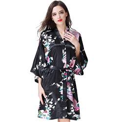 OLESILK Damen Kurz Morgenmantel Satin Kimono Morgenrock Kurzarm Robe Bademantel mit Gürtel V-Ausschnitt Nachtwäsche Negligee mit Pfau und Blumen Muster, Schwarz von OLESILK