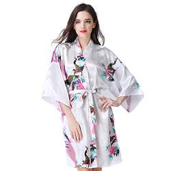 OLESILK Damen Kurz Morgenmantel Satin Kimono Morgenrock Kurzarm Robe Bademantel mit Gürtel V-Ausschnitt Nachtwäsche Negligee mit Pfau und Blumen Muster, Weiß von OLESILK