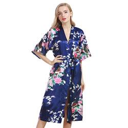 OLESILK Damen Lang Morgenmantel Satin Kimono Kurzarm Robe Bademantel mit Gürtel V-Ausschnitt Nachtwäsche Negligee mit Pfau und Blumen Muster, Marineblau von OLESILK