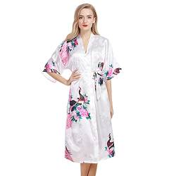 OLESILK Damen Lang Morgenmantel Satin Kimono Kurzarm Robe Bademantel mit Gürtel V-Ausschnitt Nachtwäsche Negligee mit Pfau und Blumen Muster, Weiß von OLESILK