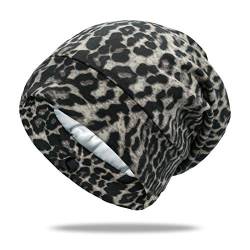 OLESILK Seide & Baumwolle Jersey Mütze leichte und weiche Slouch Beanie Wendemütze Strickmütze Unisex verstellbar für Damen & Herren, Leopard 02 von OLESILK